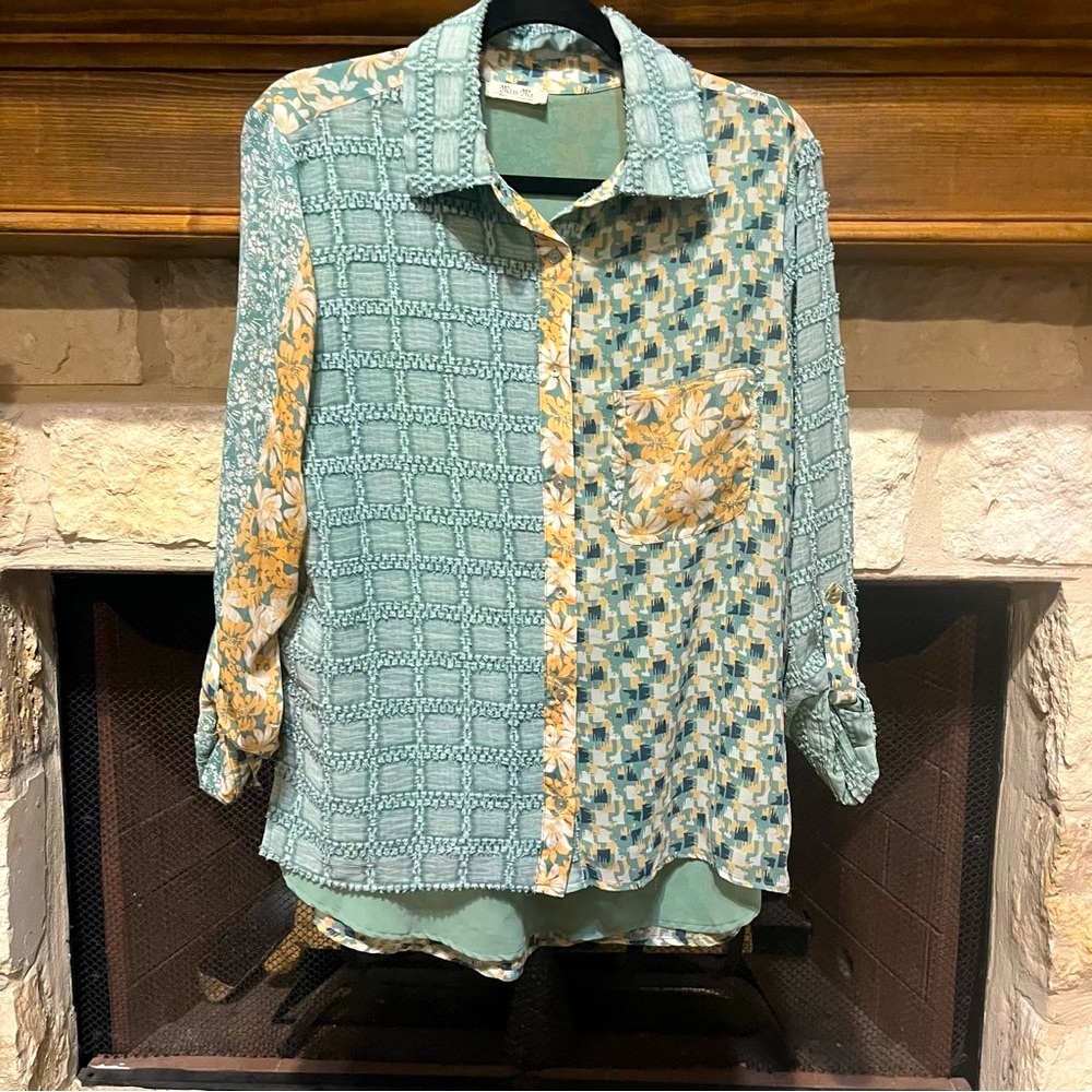 Miss Me Patchwork Printed Button Up top